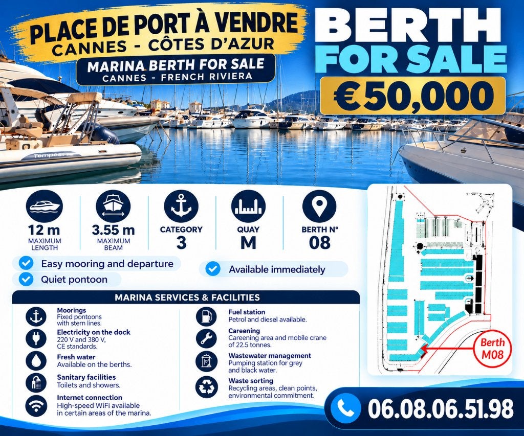 PLACE DE PORT À VENDRE – CANNES / CÔTE D’AZUR, Sports nautiques & Bateaux, Extérieur