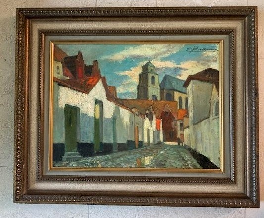 (ancienne) Malines vers 1940 - Eli Schuermans 1896-1974, Enlèvement ou Envoi, Peinture à l'huile, Encadré, Paysage urbain / rural