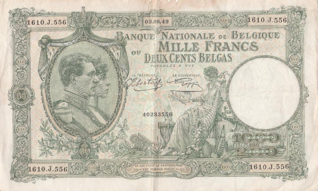 Billet belge de 1000 francs/200 Belga (1942)., Enlèvement ou Envoi