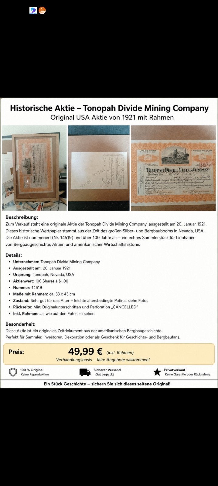 tonepah, Postzegels en Munten, Aandelen en Waardepapieren, Ophalen of Verzenden