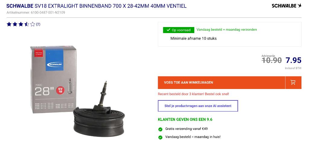Schwalbe SV18 Extralight Binnenband 700 x 28-42mm, Fietsen en Brommers, Band, Schwalbe, Nieuw, Ophalen of Verzenden