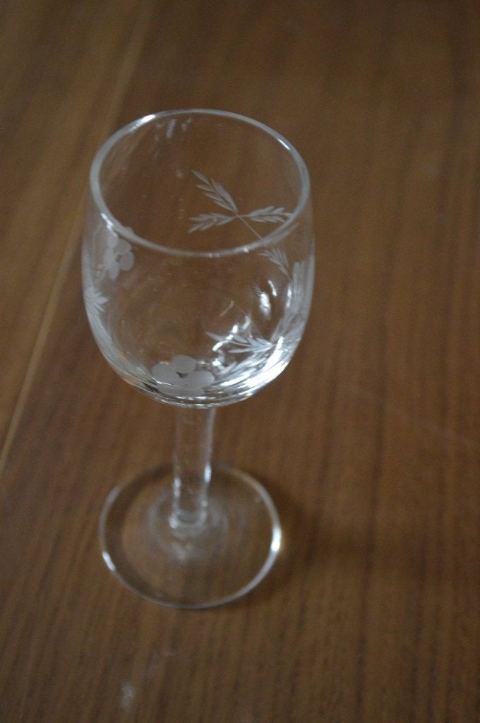 borrelglaasje met bloem en blaadjes gegraveerd, Ophalen of Verzenden, Zo goed als nieuw, Borrel- of Shotglas