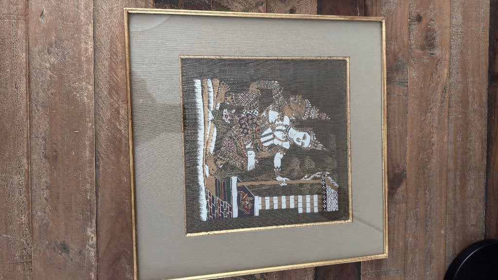 Vintage ingekaderde Aziatische textielprent – 40  40 cm, Antiek en Kunst, Ophalen of Verzenden