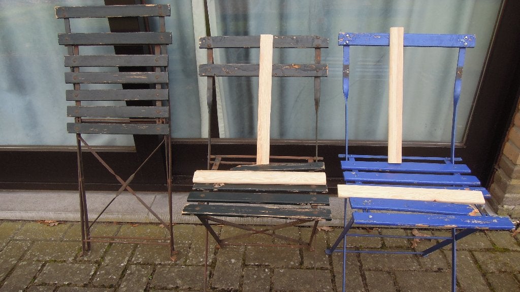 3 retro plooibare tuinstoelen / bistrostoelen, Ophalen, Gebruikt, Inklapbaar