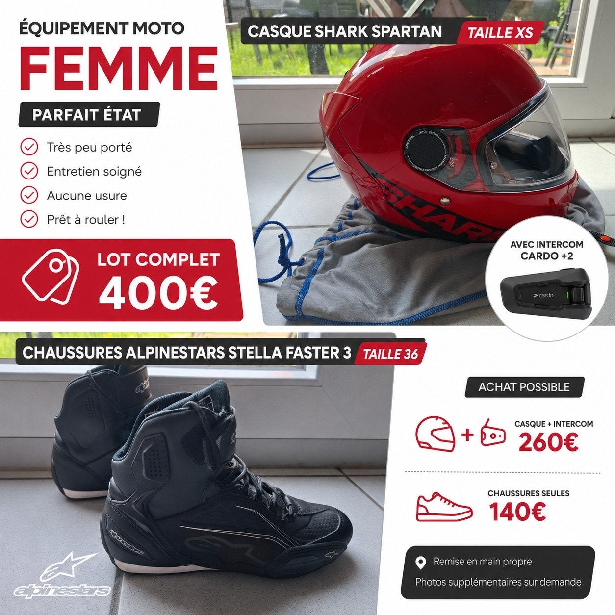 VENTE ÉQUIPEMENT PARTIEL MOTO FEMME, Motos, Enlèvement