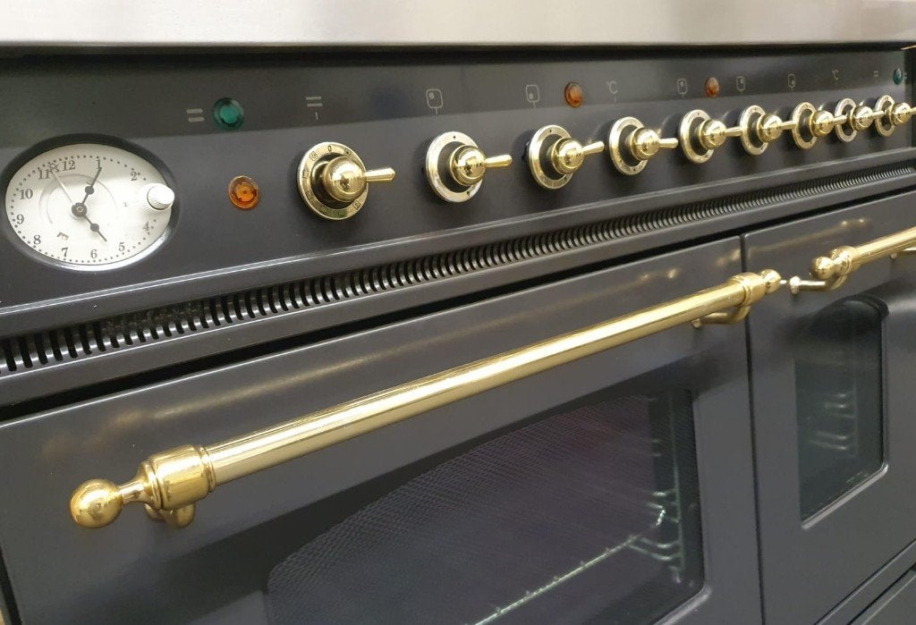 Boretti gasfornuis 90cm antraciet + messing 2 ovens Frytop, Gaz, Classe énergétique A ou plus économe, Enlèvement ou Envoi, Comme neuf