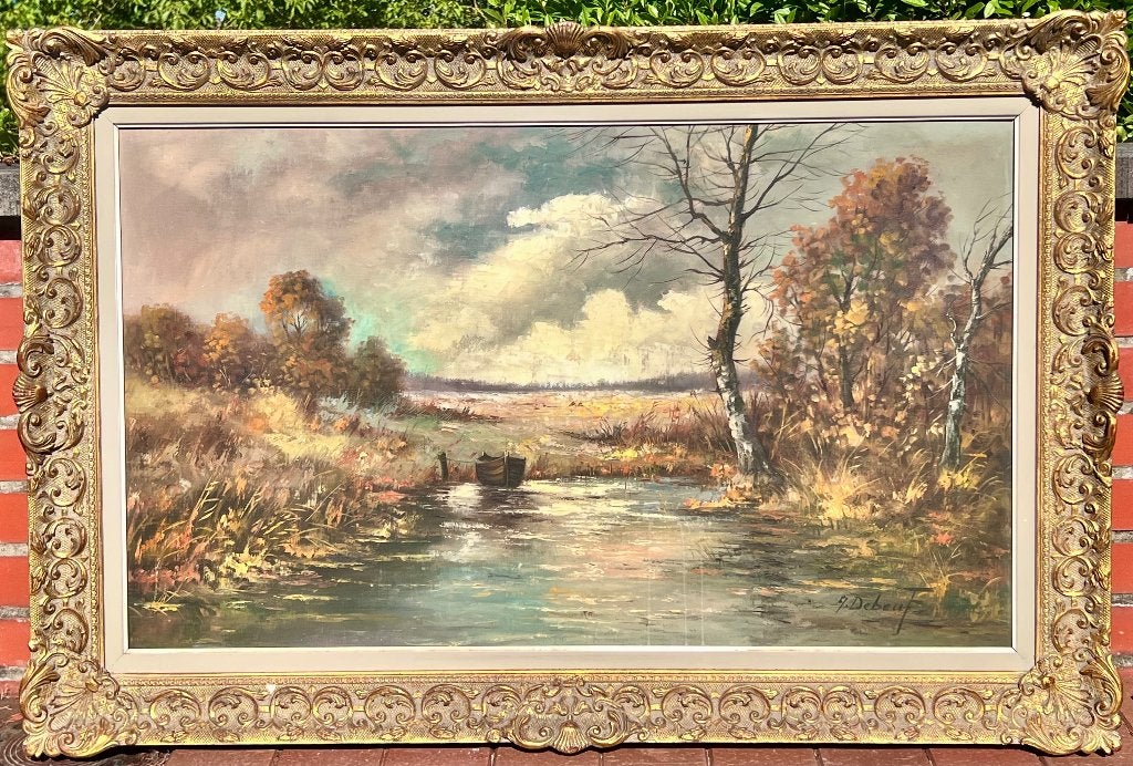 Grande peinture de paysage, Andries Debeuf (1912-2002), Paysage, Enlèvement, Signé, Peinture à l'huile