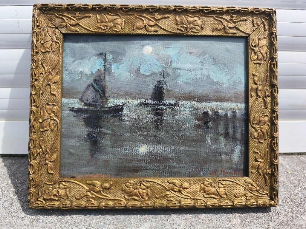 Huile sur  carton marine signe, Antiquités & Art, Art | Peinture | Classique, Enlèvement ou Envoi