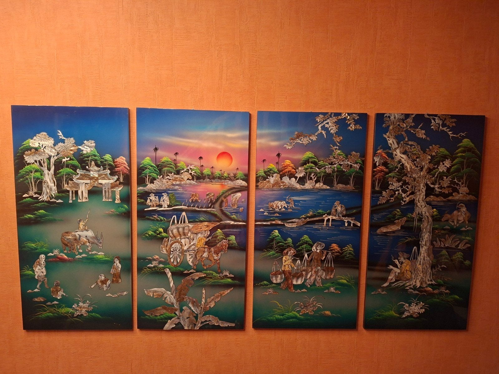 4 panneaux muraux, quadriptyque vietnamien, Enlèvement, Décoration murale, 80 cm, Bois