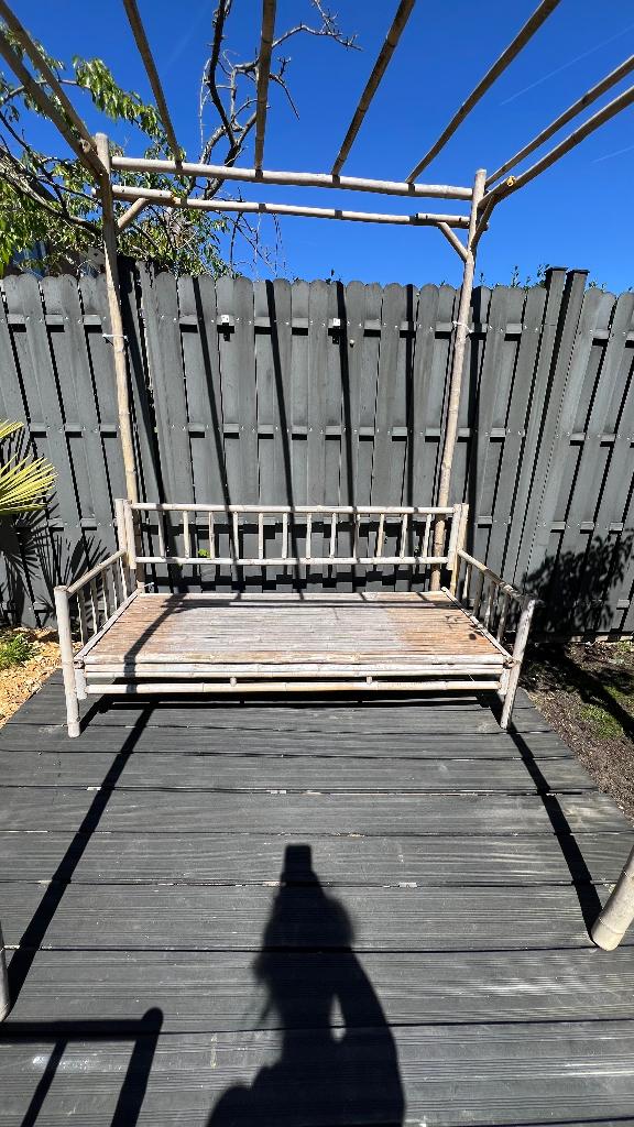 Bamboe bank en fauteuil (inclusief kussens), Tuin en Terras, Ophalen, 5 zitplaatsen, Gebruikt, Loungeset