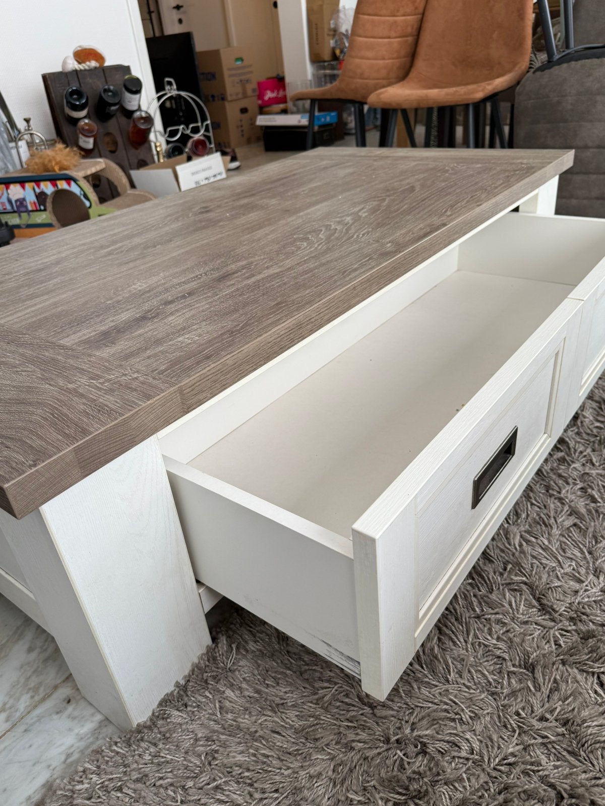 Salon tafel met opbergschuif landelijke stijl, Ophalen, Gebruikt, 50 tot 100 cm, 100 tot 150 cm
