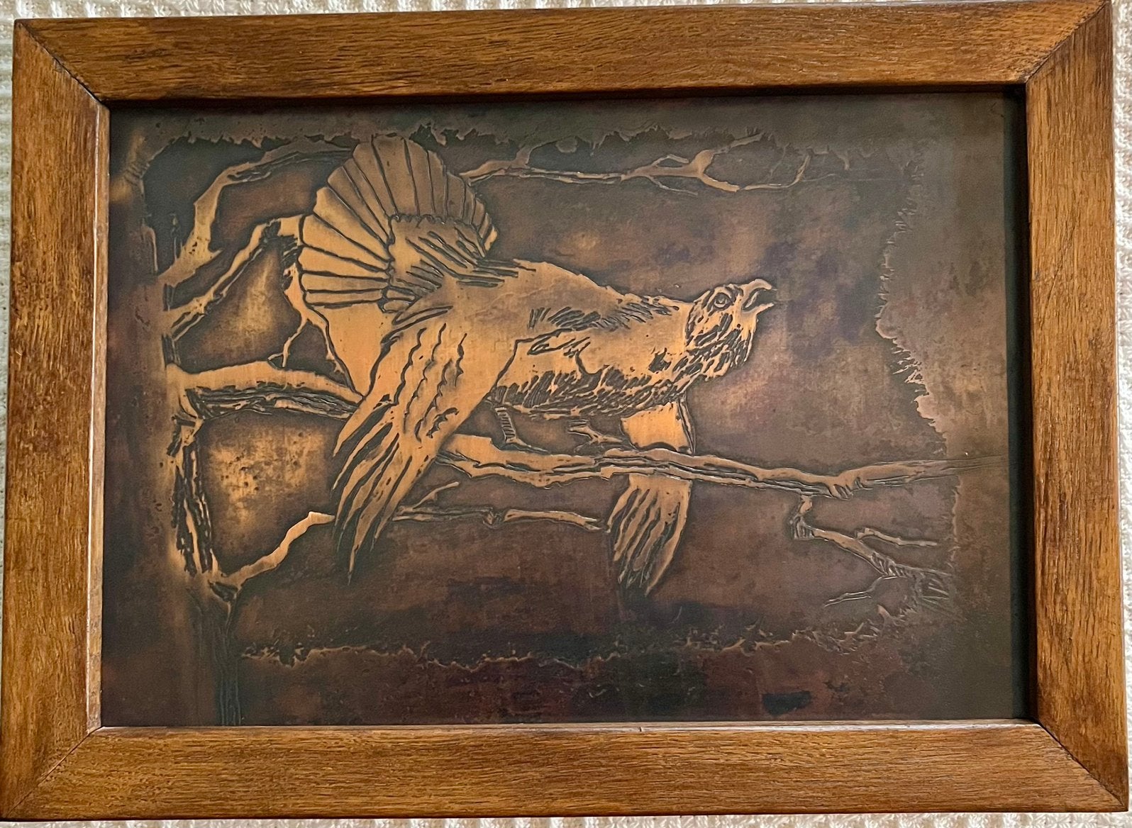 Tableau en cuivre repoussé – Tétras lyre – cadre en chêne, Antiquités & Art, Art | Peinture | Classique, Autres techniques, Métal