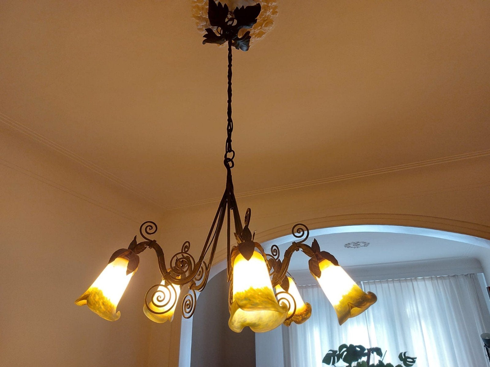 retro luchter met 6 armen, Huis en Inrichting, Lampen | Hanglampen, Ophalen