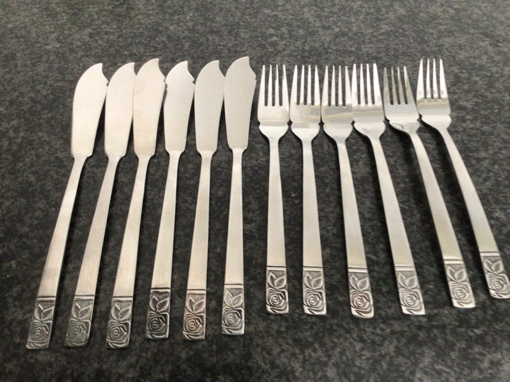 Vintage Shell Roos visbestek met roosjes, Huis en Inrichting, Keuken | Bestek, Bestekset, Ophalen of Verzenden, Zo goed als nieuw
