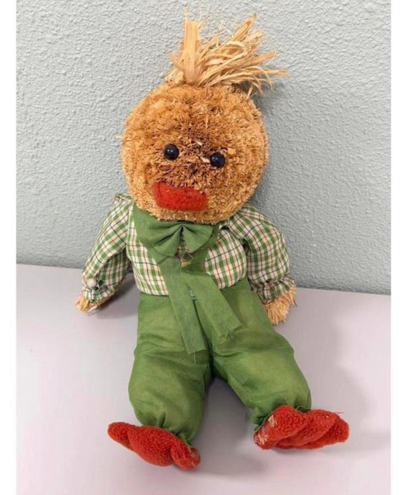 Vintage handgemaakte eend – 40 cm – stro/rafia – unieke pop, Ophalen of Verzenden