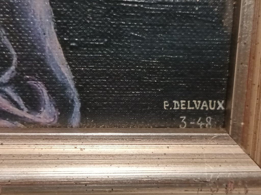 Handgeschilderde reproductie P. Delvaux, Ophalen of Verzenden, Reproductie, Overige technieken, Gesigneerd