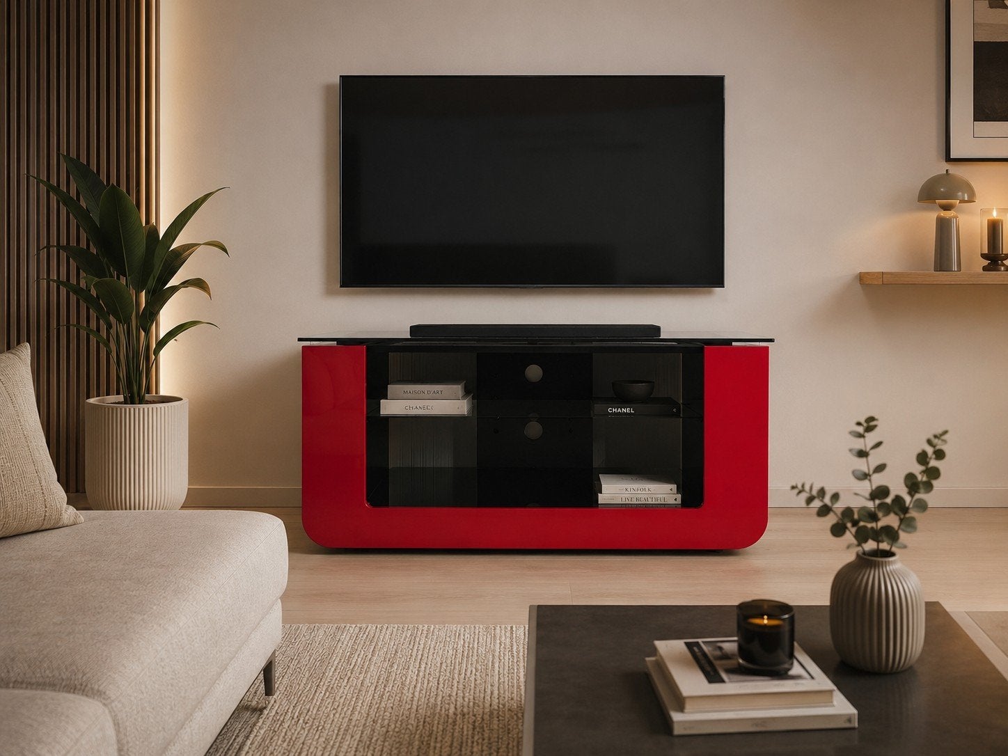 Meuble TV design rouge et noir avec verre noir – Très bon ét, Maison & Meubles, 25 à 50 cm, Moderne / design, Moins de 100 cm