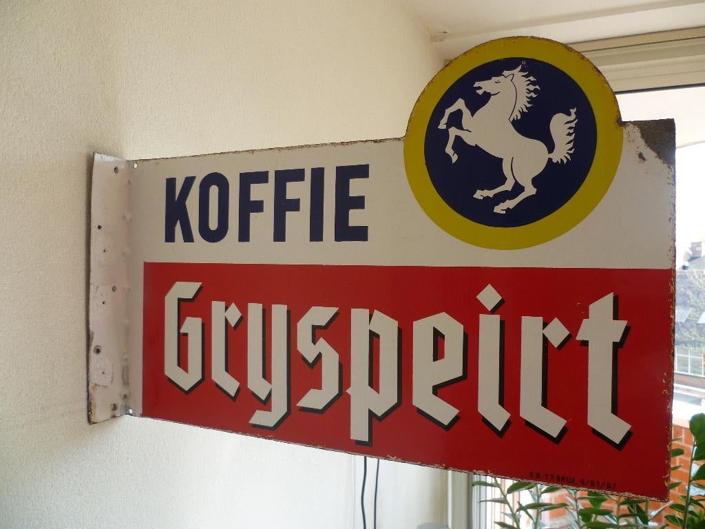 PLAQUE EMAILLE DOUBLE FACE « GREYSPEIRT COFFEE »ANNEES 1967, Enlèvement ou Envoi, Utilisé, Panneau publicitaire