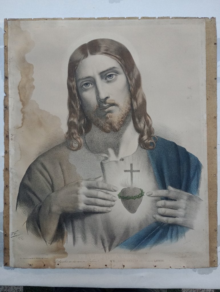 Lithographie XIXe Sacré-Cœur de Jésus par Lafosse,55x65,B52, Enlèvement ou Envoi, Portrait, Lithographie