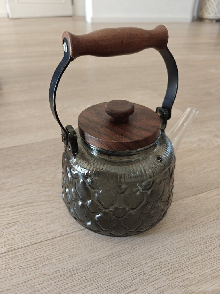 Glazen theepot met walnoten deksel en glazen theefilter, Ophalen, Gebruikt, Overige merken, Glas