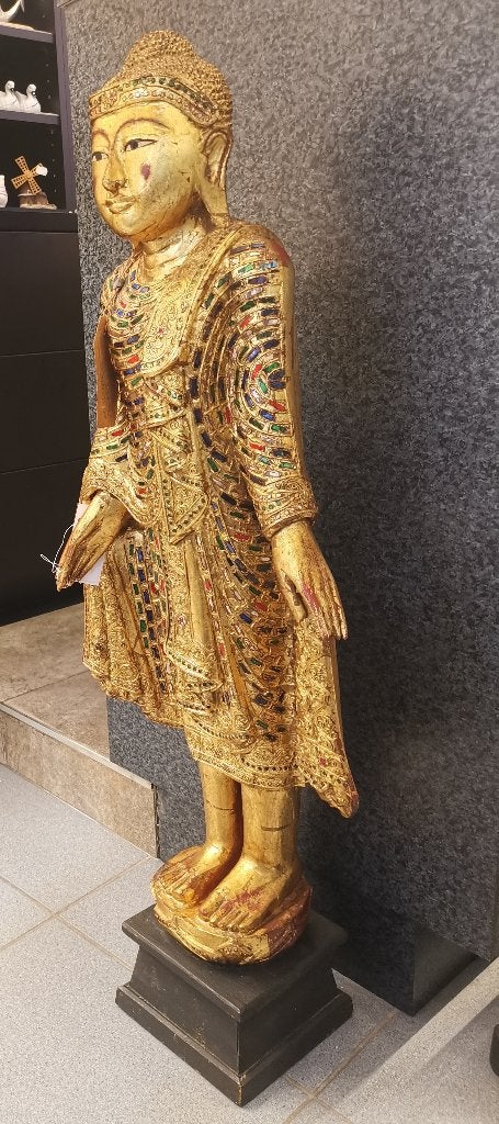 Belle statue de Bouddha debout de 1 m, Doré, Enlèvement, 100 cm, Bois