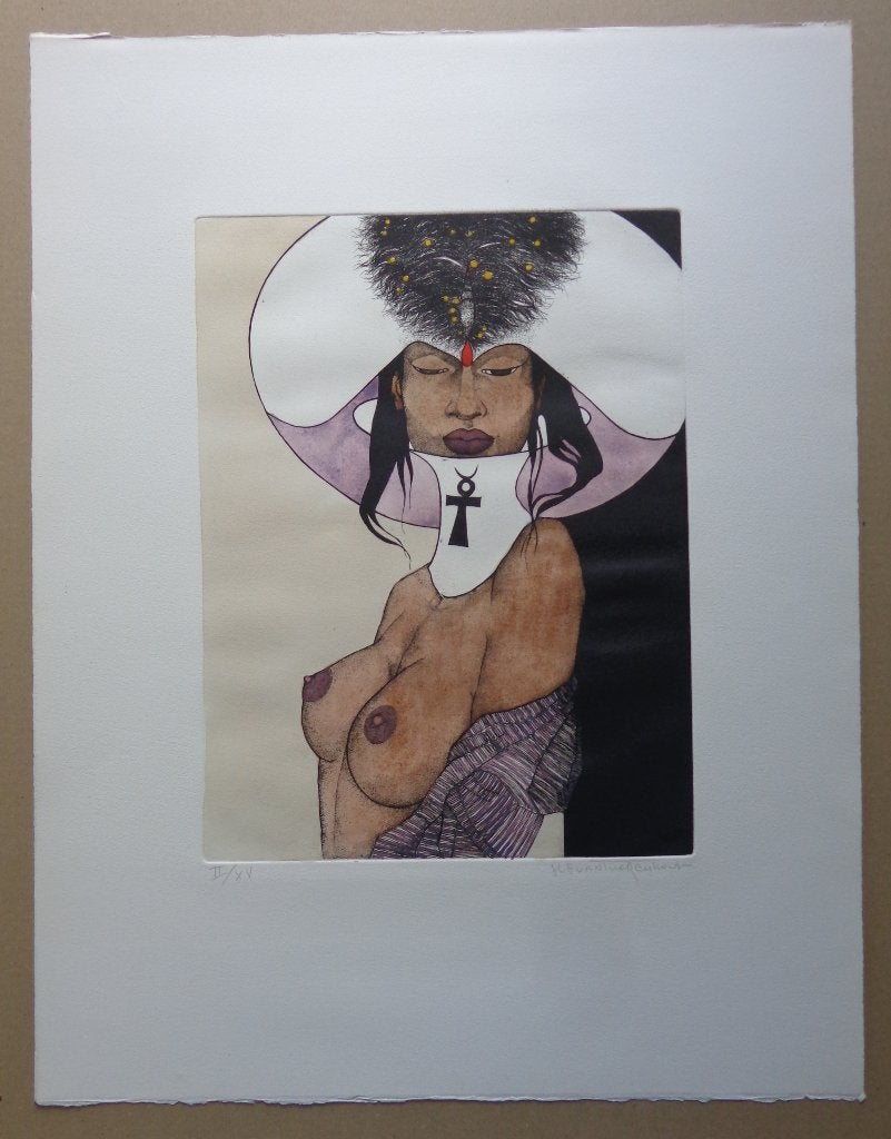 JEF VAN TUERENHOUT / LILITH / ETS + AQUAREL / 65x50cm / SIG, Portret en Figuren, Ophalen of Verzenden, Gelimiteerde oplage, Ets