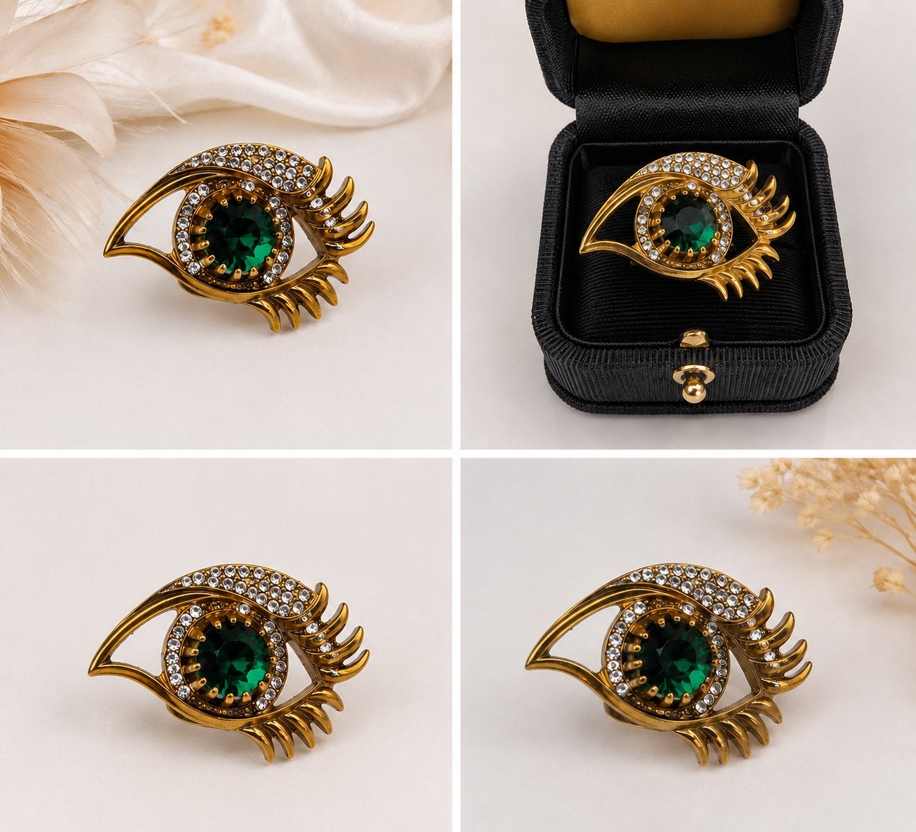 Vintage Oog Ring Goudkleurig met Groene Steen & Strass, Ophalen of Verzenden, Zo goed als nieuw, 4 tot 7 cm, Overige materialen