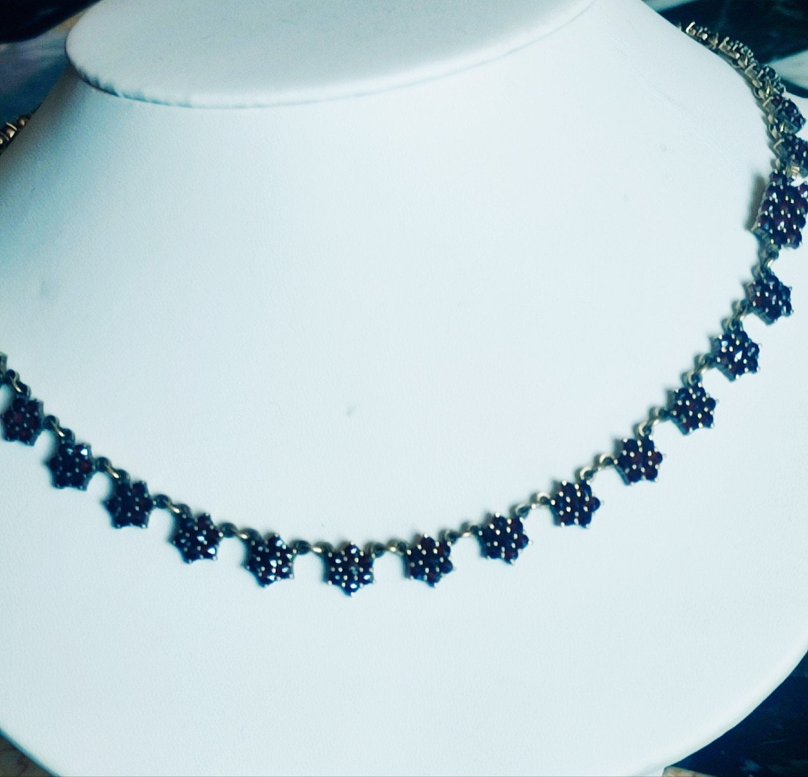 Antieke ziler verguld granatensteen collier ca 1910, Handtassen en Accessoires, Ophalen of Verzenden, Zilver, Zilver