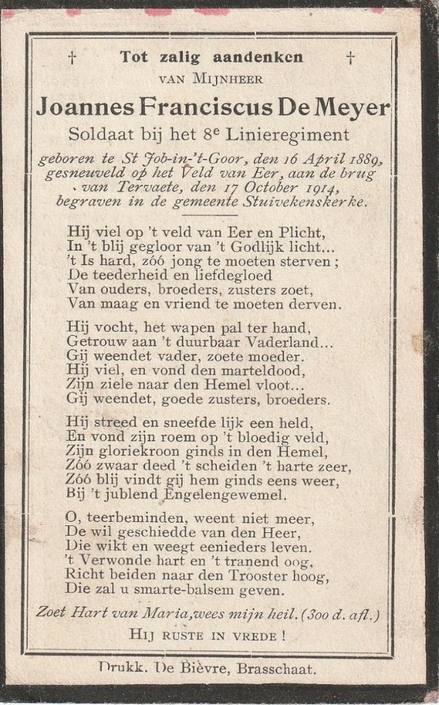 Gesneuvelde 1914-1918 Joannes  De Meyer St Job in 't  Goor, Verzenden