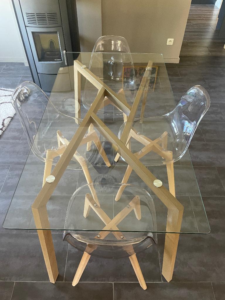Table et 4 chaises, Ophalen, Gebruikt, 50 tot 100 cm, Glas