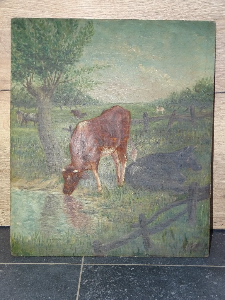 Huile sur toile ancienne vache, Enlèvement ou Envoi, Signé, Peinture à l'huile, Paysage