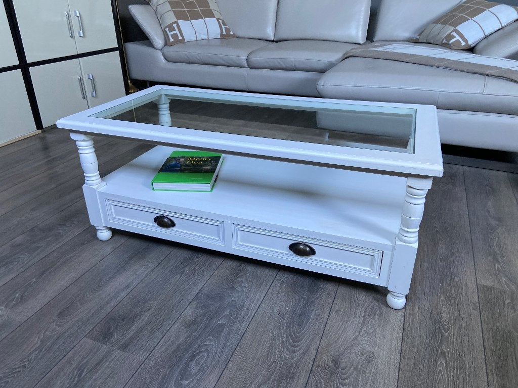 Salontafel wit met glazen blad landelijk van Maison du Monde, Ophalen, 100 tot 150 cm, 50 tot 100 cm, Zo goed als nieuw