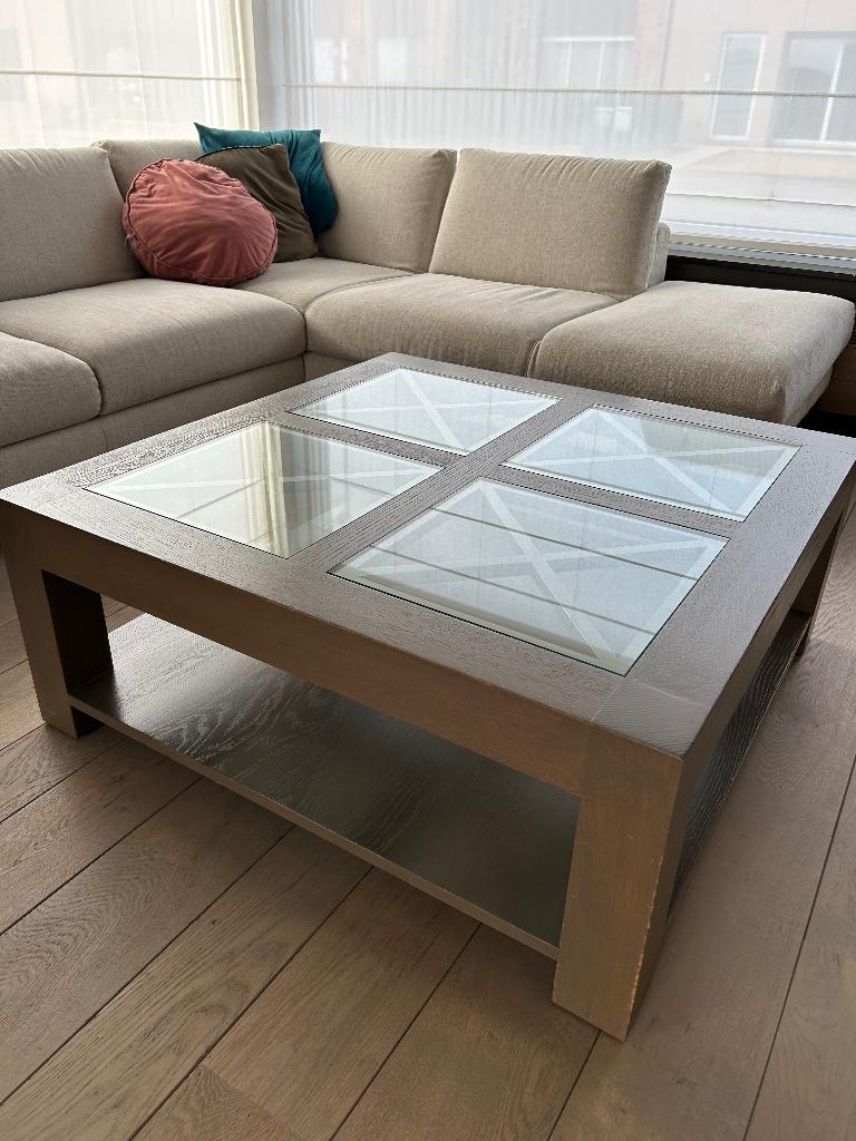 Houten salontafel, Ophalen, Glas, Gebruikt, 50 tot 100 cm