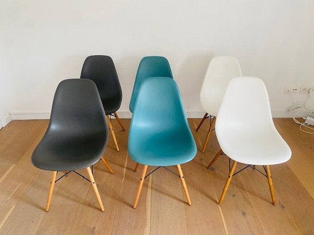 Vitra Eames DSW - Set van 6 stoelen (Wit, grijs, blauwgroen), Bois, Design, Comme neuf, Enlèvement