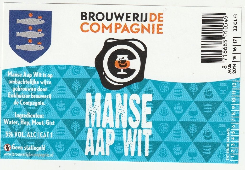 bieretiket Nederland De Compagnie : Manse Aap wit, Verzamelen, Verzenden, Nieuw, Overige typen, Overige merken