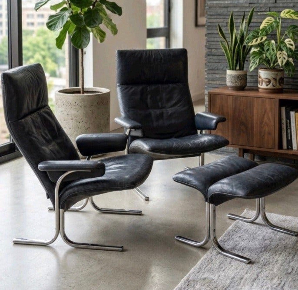 Prix fixe ! De Sede DS-2030 2x chaise longue + pouf, vintage, Maison & Meubles, Enlèvement, Comme neuf, Cuir, Desede, leder, scandinavisch, Bauhaus vitra cassina