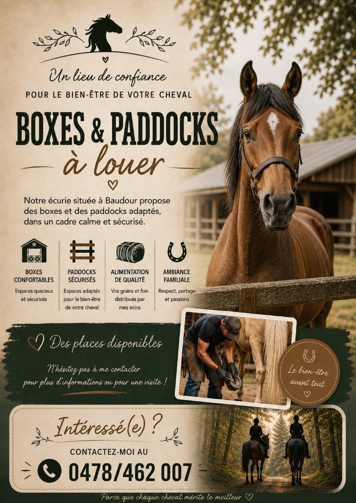 Boxes pour chevaux à louer avec paddock + abri.
