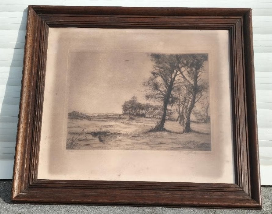 gravure paysage avec maison signe henri mortiaux, Antiquités & Art, Enlèvement ou Envoi, Paysage, Gravure