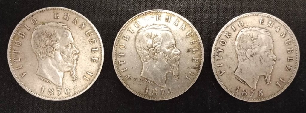 Zeldzame zilveren 5 Lire set (1870-1874-1875), Ophalen of Verzenden, Italië, Losse munt, Zilver
