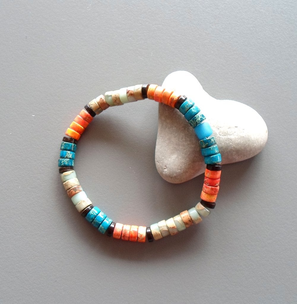 Bracelet amérindien homme ou femme rondelles jaspe turquoise, Enlèvement ou Envoi, Avec bracelets à breloques ou perles, Orange