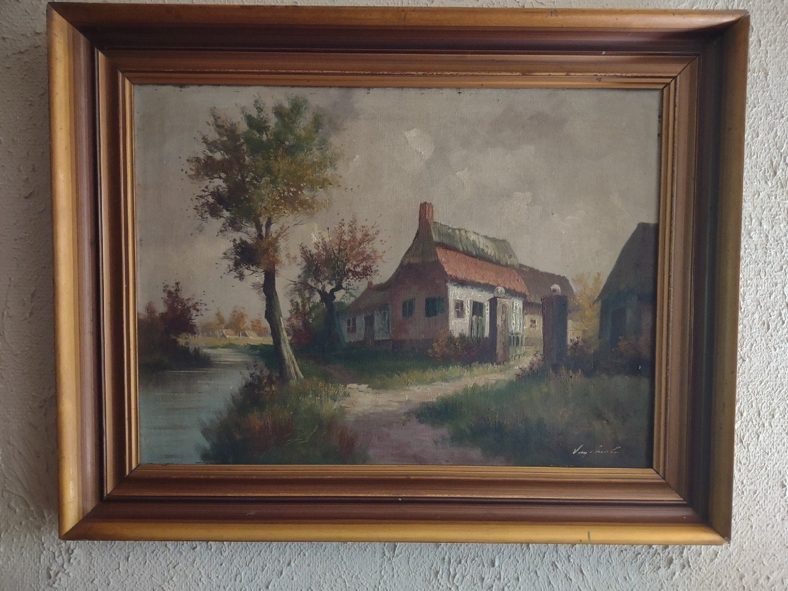 schilderij met oud Hollands landschap met boerderij en water, Encadré, Vieux hollandais, Paysage, Enlèvement