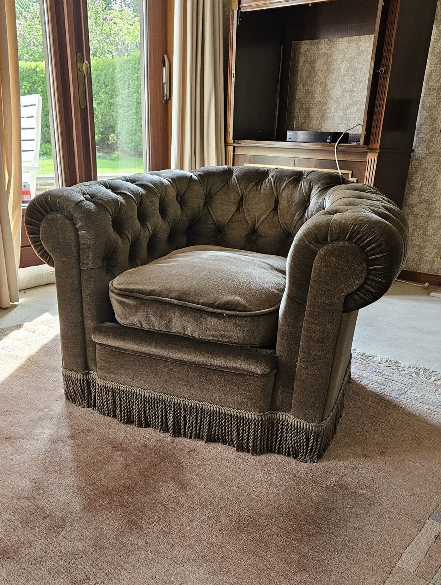 Salon Vintage 3+2+1 places + pouf, velours Chesterfield 1967, Enlèvement, Utilisé, Bois, Chesterfield