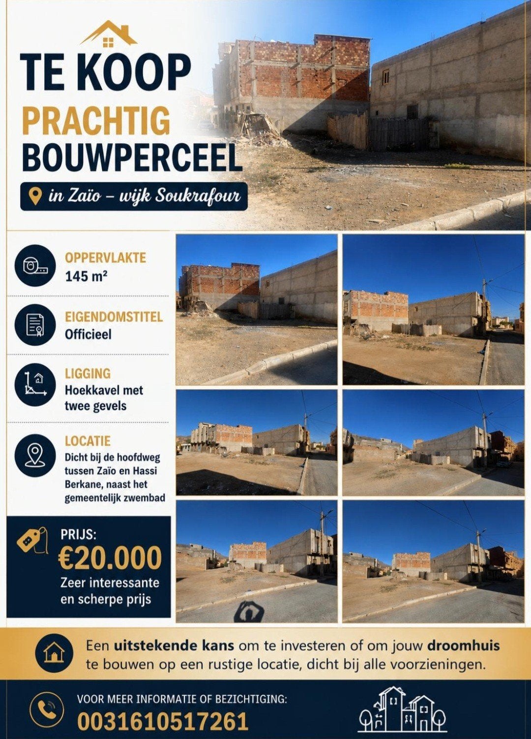 Maroc Zaio Terrain à bâtir 145 m², terrain d'angle, Marokko, Ventes sans courtier, Jusqu'à 200 m²
