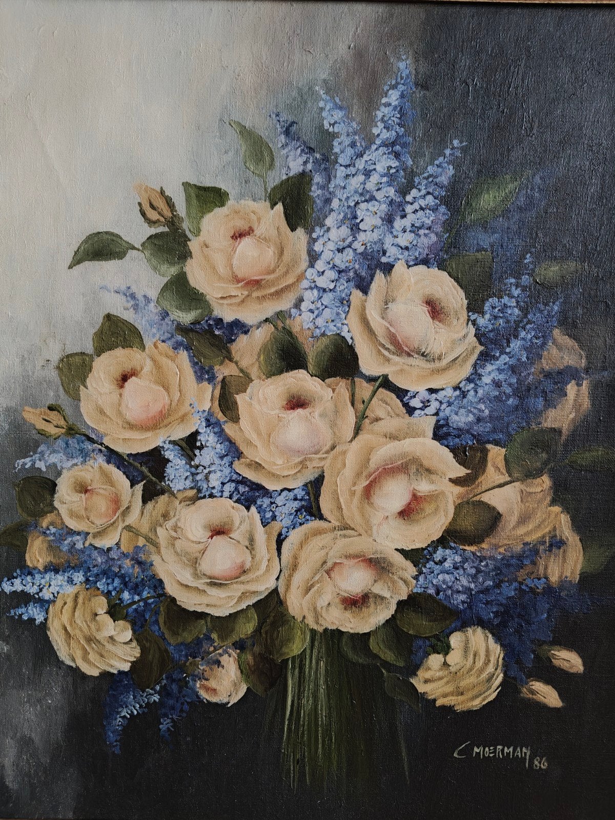 Vintage bloemenschilderij – C. Moerman (1986) – 70 x 80 cm, Antiek en Kunst, Ophalen, Vintage