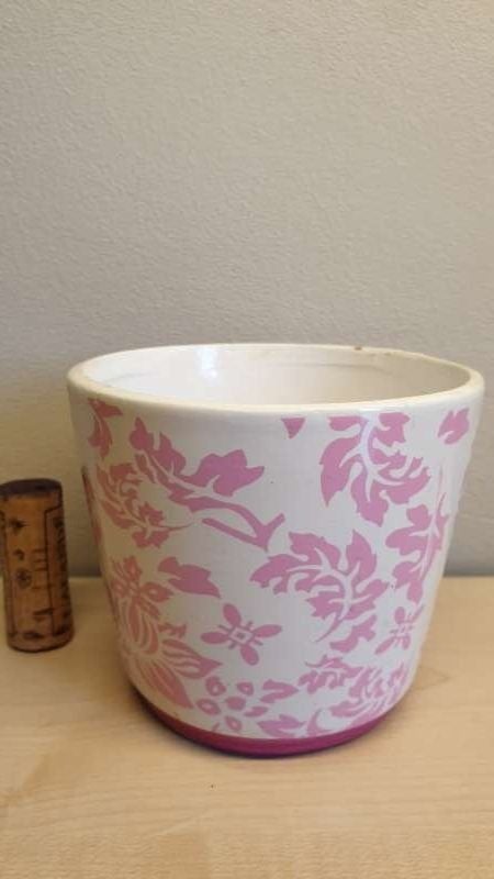 Bloempot, wit, roze print, hoogte 9cm, binnen diameer 9,5cm, Ophalen, Binnen