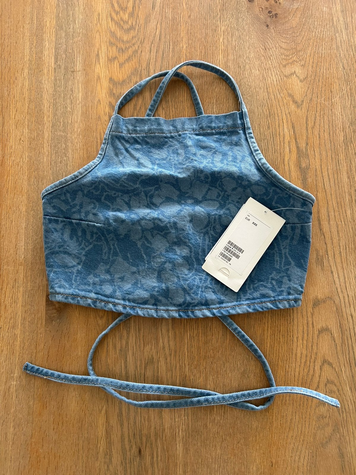 Denim crop top bloemenprint vetersluiting H&M maat XXS, Kleding | Dames, Topjes, Blauw, Nieuw, Ophalen of Verzenden, Zonder mouw