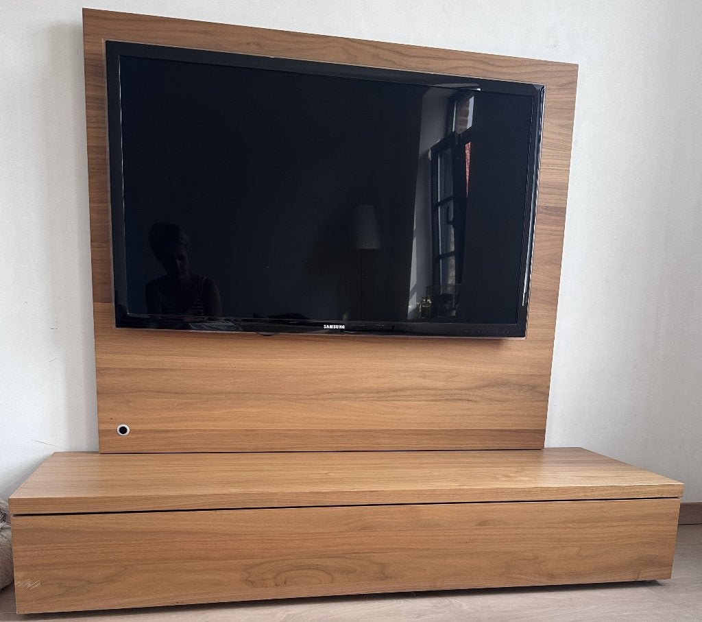 Massief houten TV-meubel + TV-wandpaneel, Ophalen, Gebruikt, 100 tot 150 cm, Modern en strak