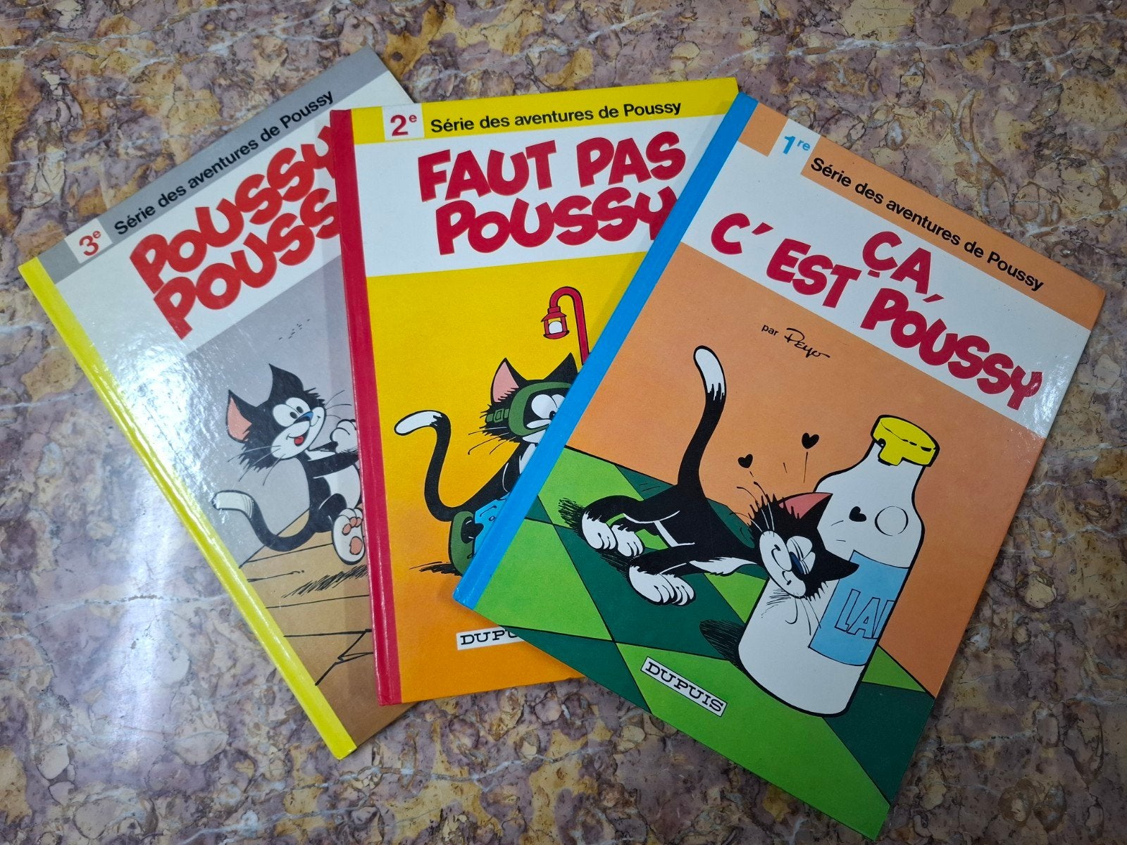 3x Série des aventures de Poussy door Peyo, Boeken, Meerdere stripboeken, Ophalen of Verzenden, Gelezen, Peyo
