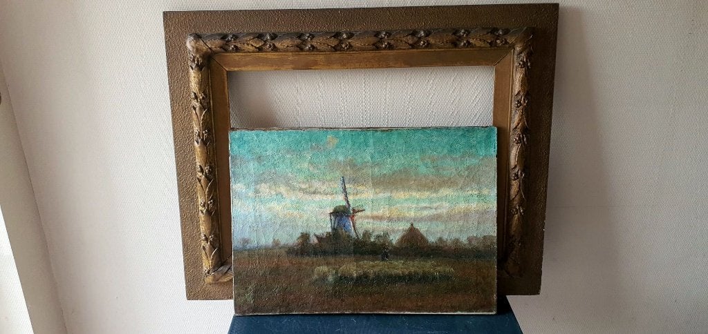 Paysage avec un moulin, moutons huile sur toile Cazin ?, Antiquités & Art, Peinture à l'huile, Paysage, Signé, Enlèvement