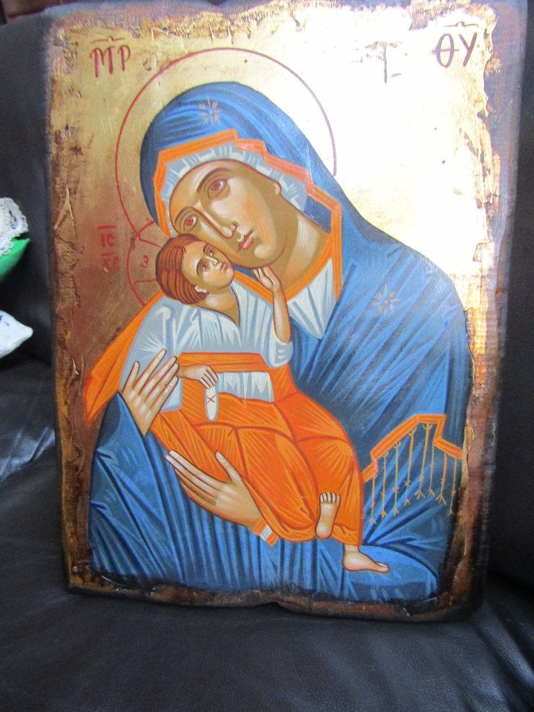 Remarquable Icône grecque de la Vierge de la tendresse, Antiquités & Art, Portrait ou Personnes, Enlèvement ou Envoi, Autres techniques